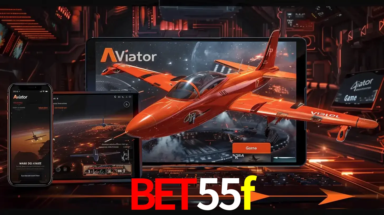 Apresentação tecnológica do jogo Aviator com um avião saindo da tela de um tablet, demonstrando a experiência imersiva em múltiplos dispositivos no bet55f.