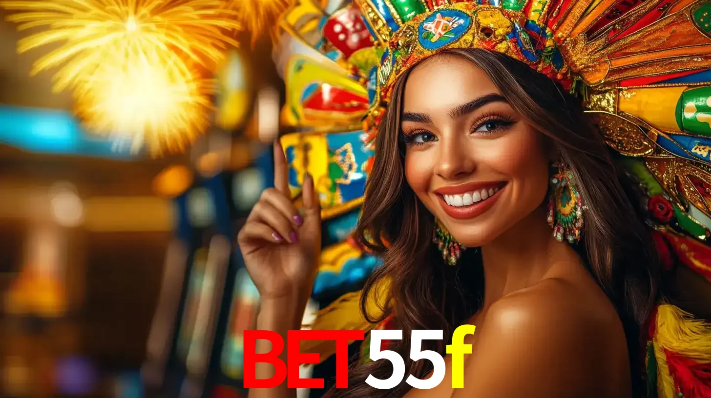 Mulher sorridente com um cocar de carnaval vibrante e colorido, celebrando uma grande vitória nos jogos do cassino bet55f com fogos de artifício ao fundo.