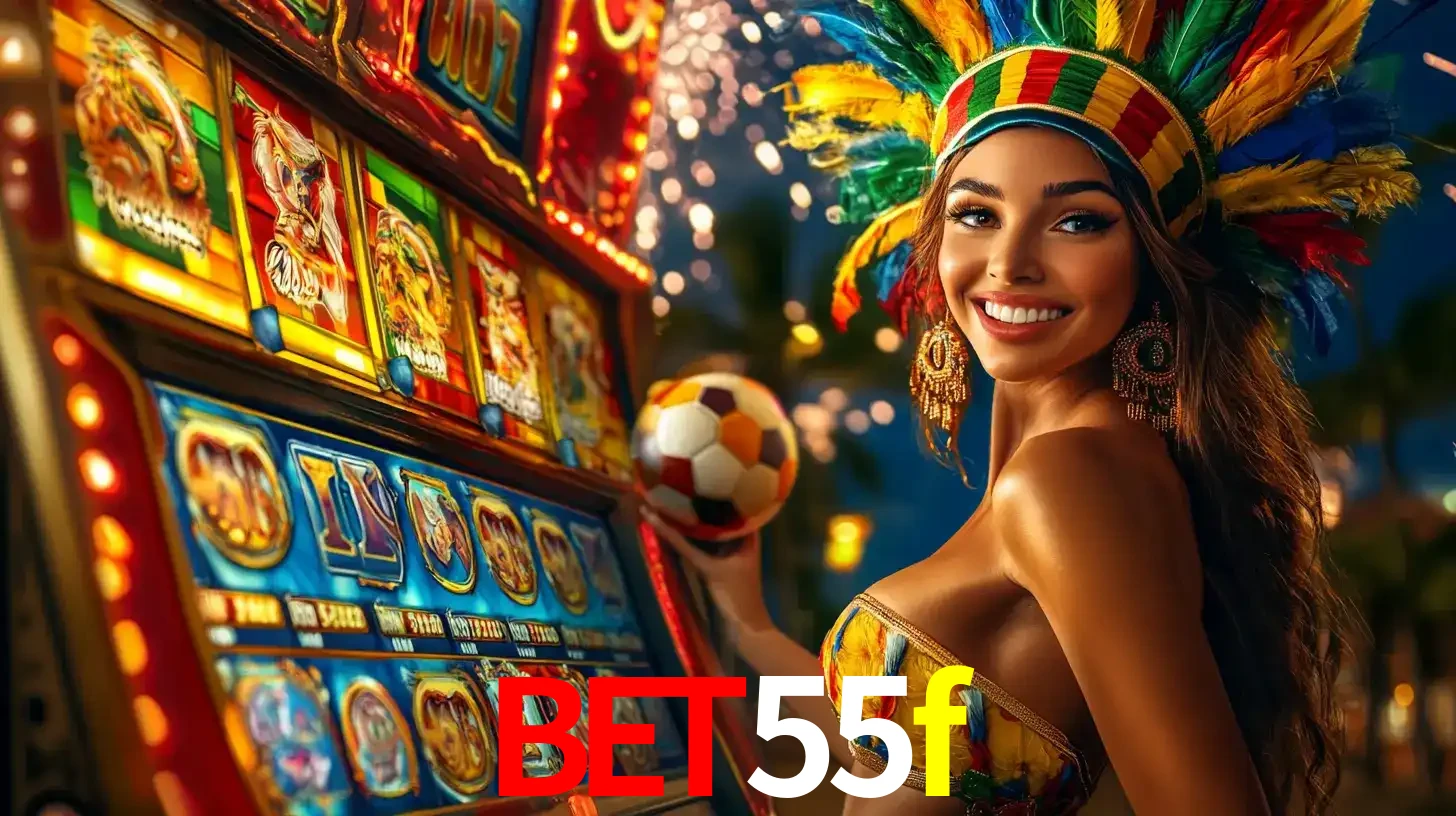 Mulher com um cocar de carnaval ao lado de uma máquina de caça-níqueis enquanto segura uma bola de futebol, mostrando a união da diversão de cassino e esportes no bet55f.