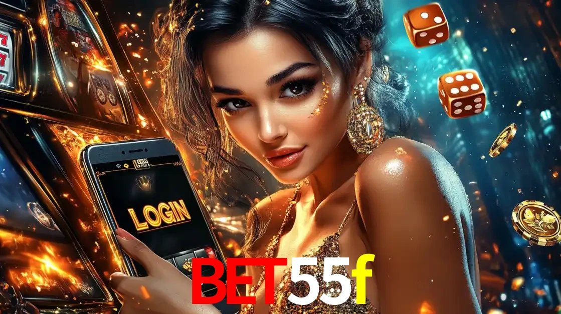 Mulher glamourosa segurando um celular com a tela de login do cassino bet55f, rodeada por dados e moedas douradas, pronta para começar a diversão.
