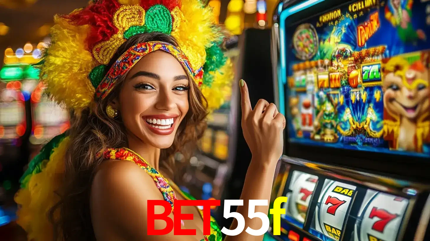 Mulher animada com um cocar de carnaval apontando para uma máquina de caça-níqueis, mostrando a emoção de ganhar um grande prêmio nos jogos do bet55f.