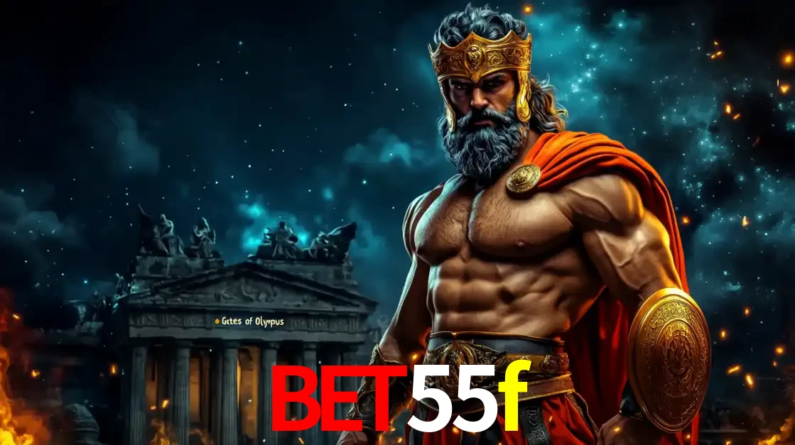 O poderoso Zeus do jogo de slot Gates of Olympus em frente ao seu templo, pronto para lançar multiplicadores divinos e prêmios épicos no cassino online bet55f.