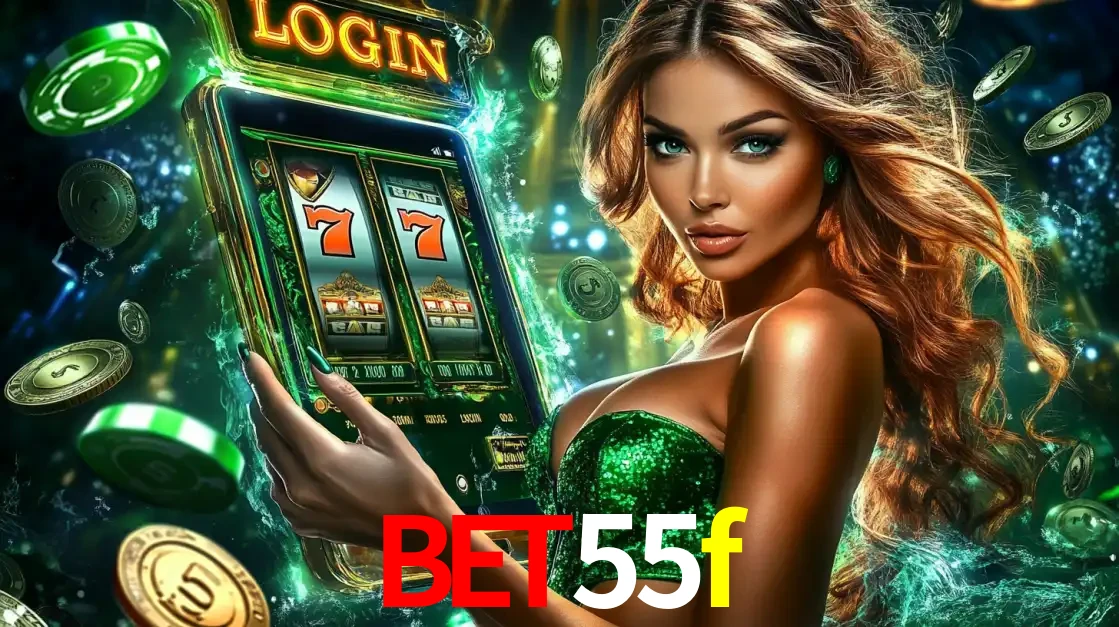 Mulher com tema verde apresentando o aplicativo do cassino bet55f com um jogo de slot de 777, cercada por fichas de cassino e uma aura de sorte.