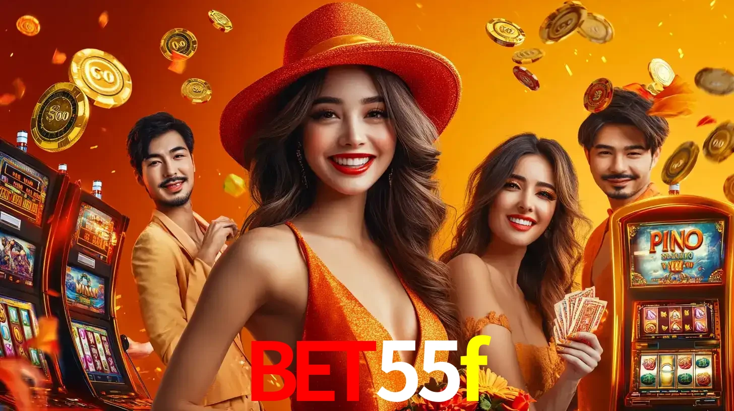 Grupo de amigos asiáticos sorrindo e se divertindo com máquinas de caça-níqueis em um ambiente festivo, celebrando suas vitórias nos jogos de cassino do bet55f.
