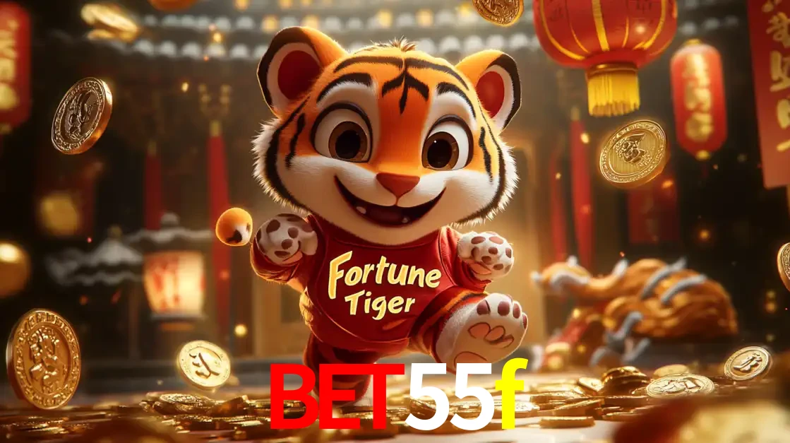 O alegre personagem do Fortune Tiger correndo sobre um caminho de moedas de ouro, simbolizando os grandes prêmios e a diversão do popular jogo de slot do bet55f.