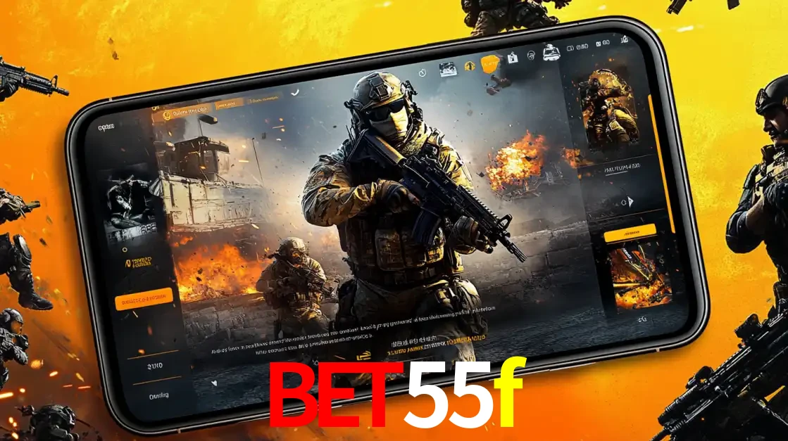 Um smartphone exibindo a interface de um jogo de tiro em primeira pessoa, com um soldado em um cenário de batalha, representando a ação dos e-sports para apostar no bet55f.