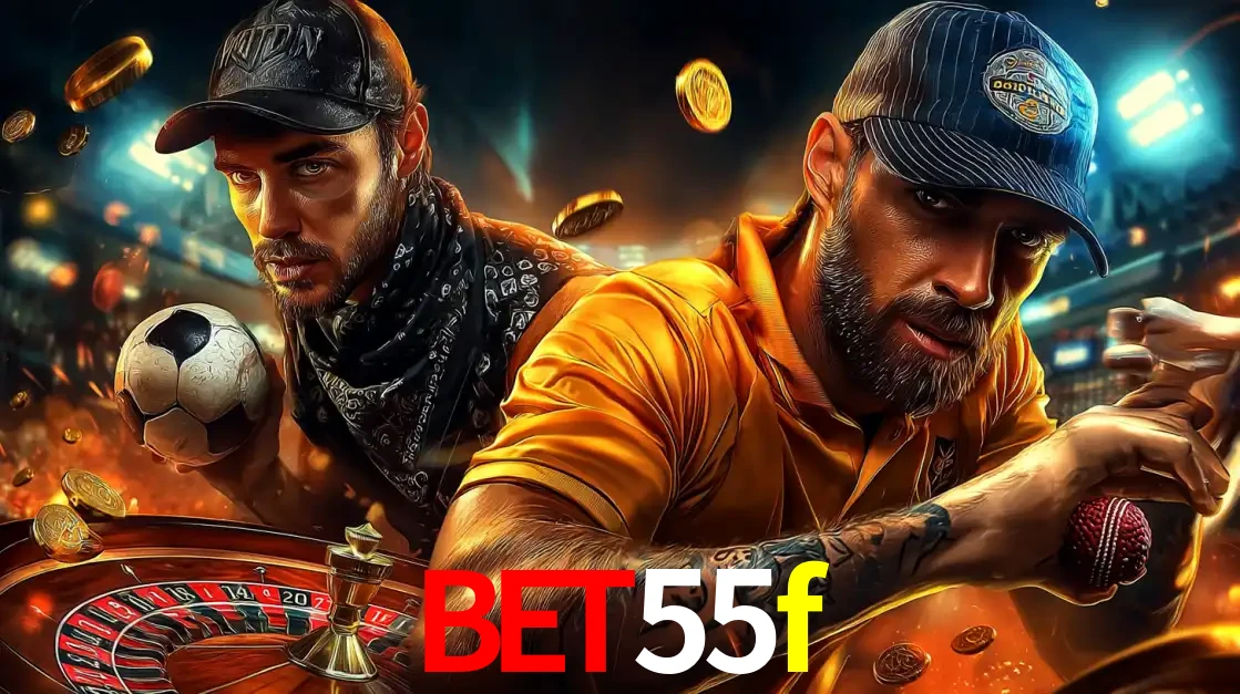 Montagem de apostas esportivas e cassino no bet55f, com um homem segurando uma bola de futebol e outro uma de beisebol sobre uma roleta e moedas voadoras.