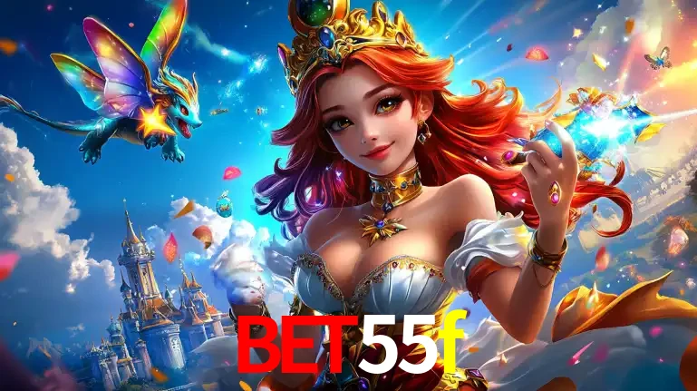 A princesa de um reino de fantasia mágico, com seu pequeno dragão, apresentando um mundo de prêmios encantados nos jogos de caça-níqueis do cassino bet55f.