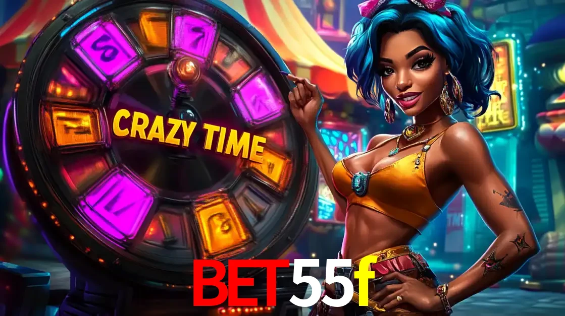 Mulher estilizada com cabelo azul e visual vibrante posando ao lado da roda de prêmios do game show Crazy Time, convidando para a diversão e os bônus do cassino bet55f.