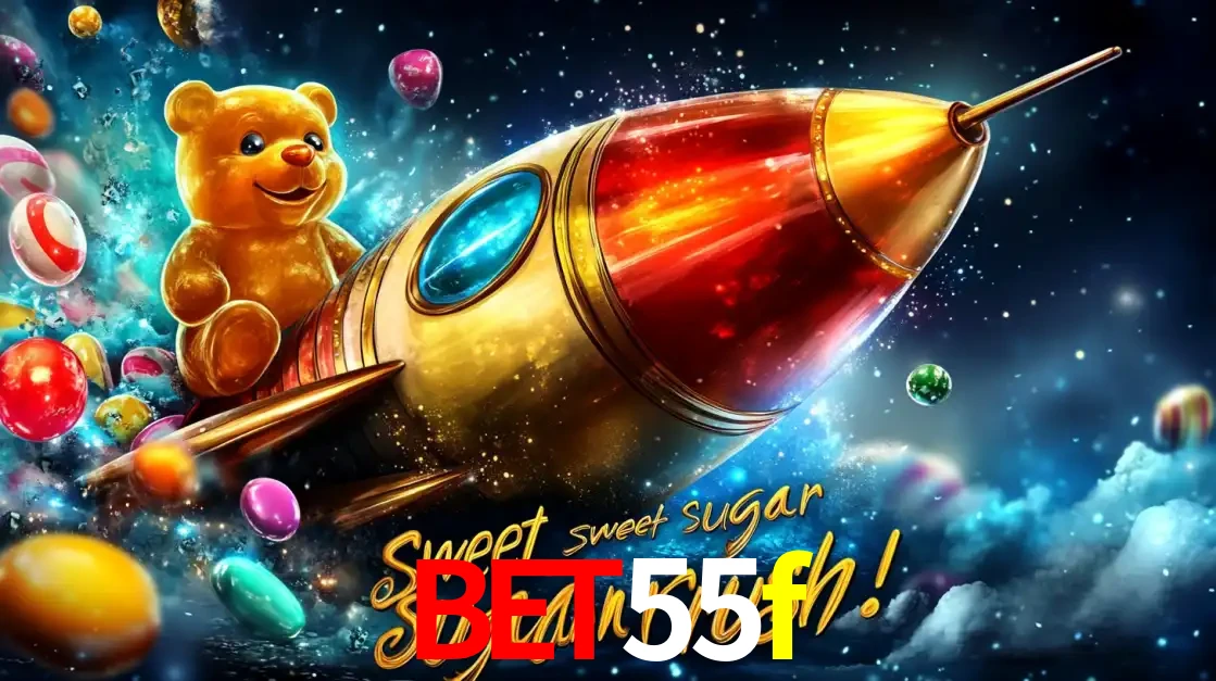 Arte promocional do jogo de slot Sugar Rush, com um urso de pelúcia em um foguete viajando pelo espaço de doces, um dos jogos divertidos disponíveis no cassino bet55f.