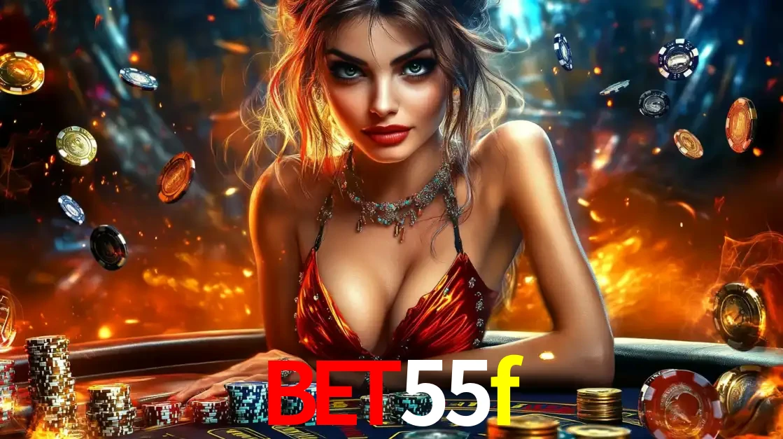 Mulher em uma mesa de cassino com pilhas de fichas e um fundo de fogo, pronta para uma rodada de altas apostas nos jogos de mesa emocionantes do cassino bet55f.