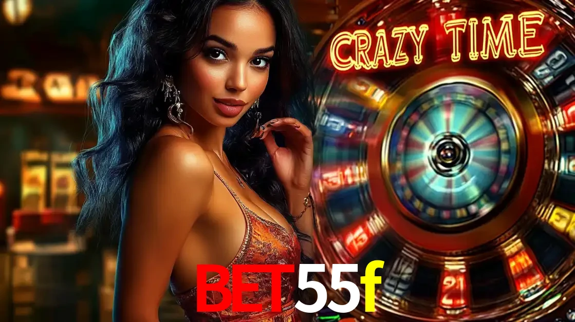 Mulher elegante ao lado da vibrante roda da fortuna do jogo de cassino ao vivo Crazy Time, um dos game shows mais populares e cheios de prêmios do bet55f.