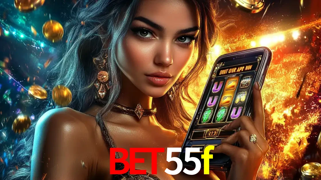 Mulher elegante mostrando um jogo de caça-níqueis em seu smartphone, destacando a experiência de cassino móvel oferecida pelo aplicativo bet55f.