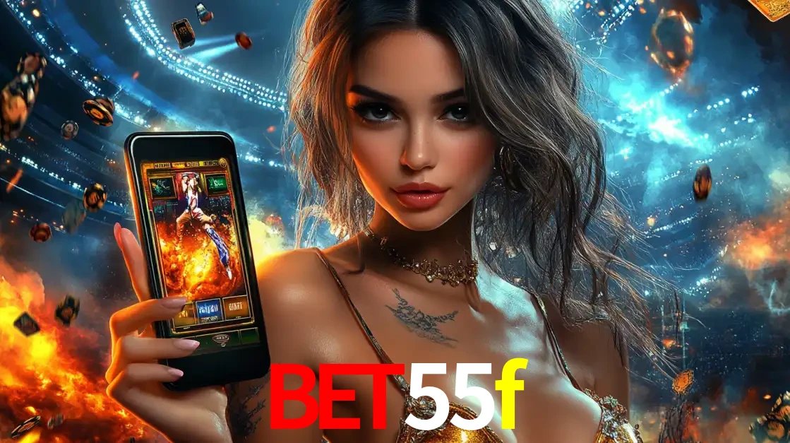Mulher segurando um celular com um jogo de slot em destaque, tendo como fundo um estádio vibrante, simbolizando a emoção de jogar no cassino móvel bet55f.