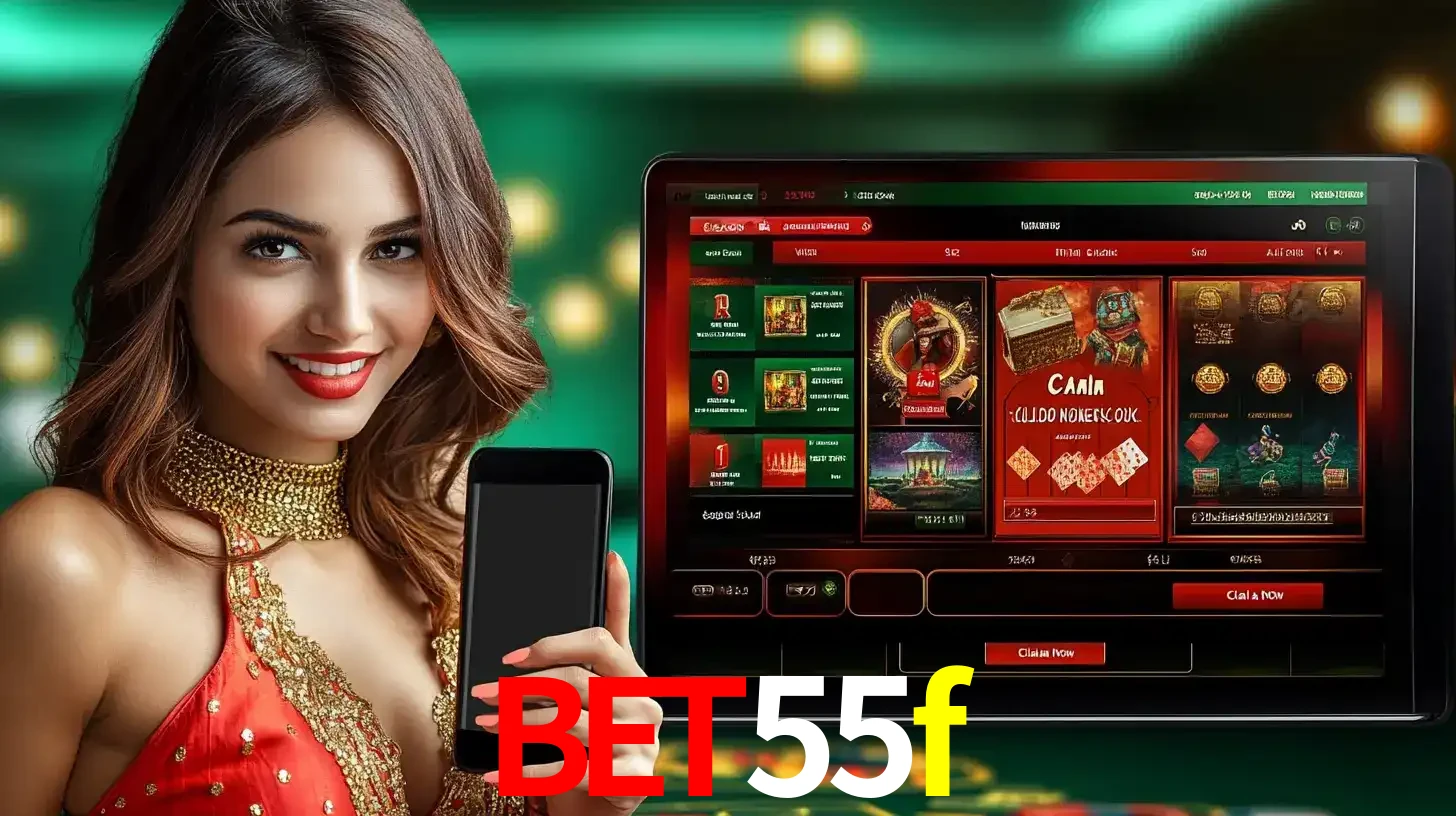 Mulher sorridente segurando um smartphone, ao lado de uma tela exibindo o lobby de jogos do cassino online bet55f, com várias opções de jogos de cartas e slots.